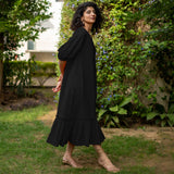 Black Cotton Poplin A-Line Deep Neck Maxi Tier Dress