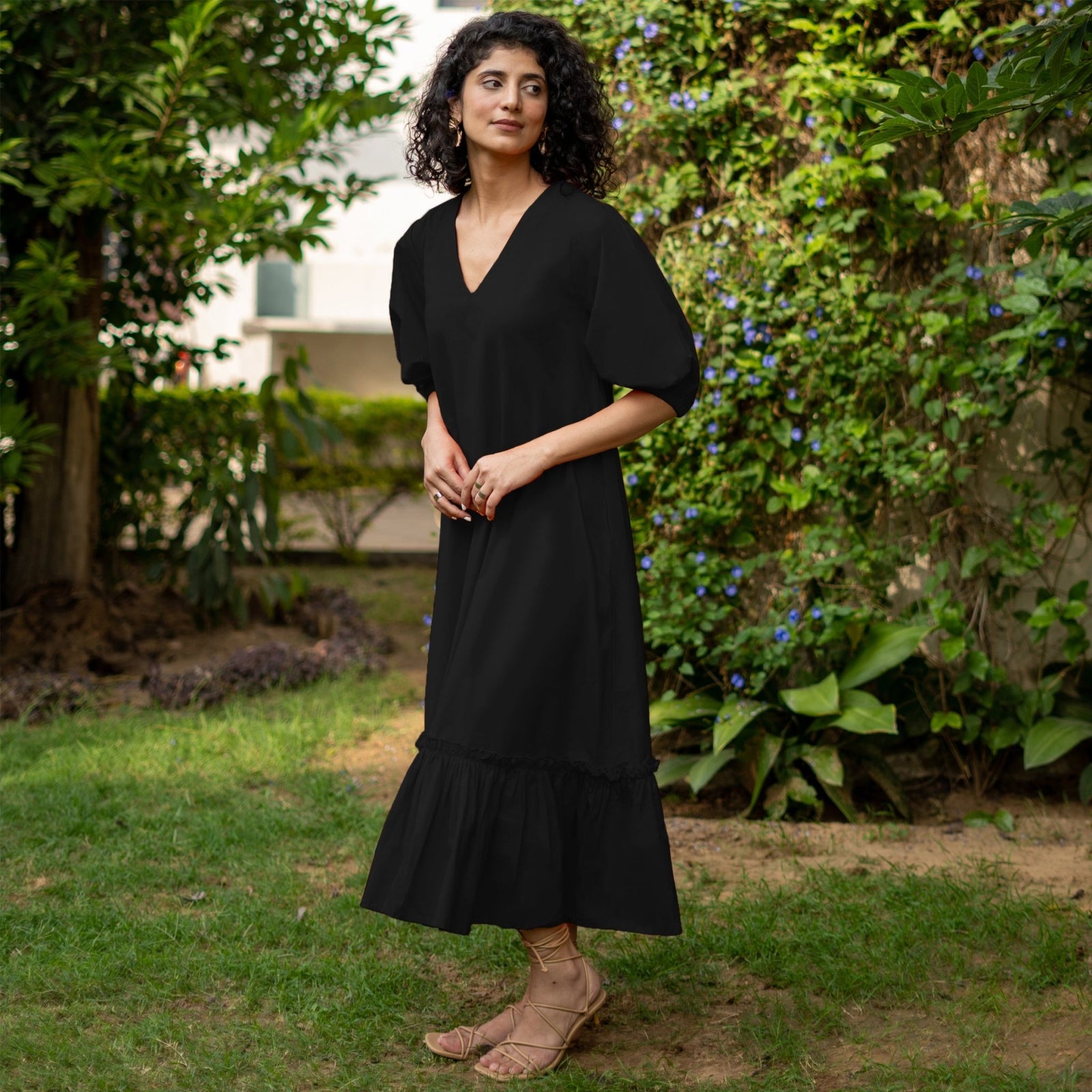 Black Cotton Poplin A-Line Deep Neck Maxi Tier Dress 60