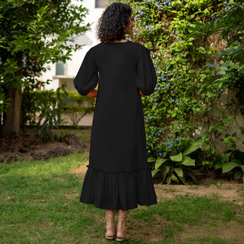 Black Cotton Poplin A-Line Deep Neck Maxi Tier Dress