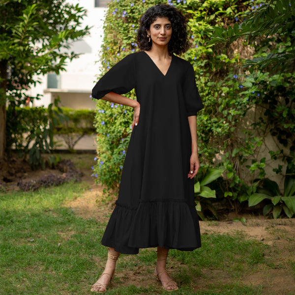 Black Cotton Poplin A-Line Deep Neck Maxi Tier Dress