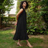 Black Cotton Poplin A-Line Deep Neck Sleeveless Maxi Dress