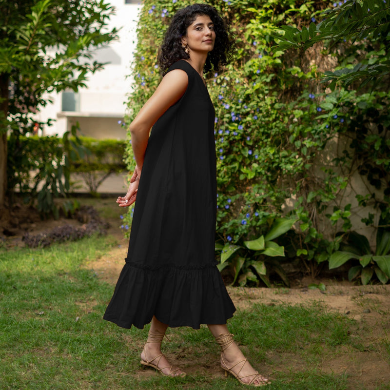 Black Cotton Poplin A-Line Deep Neck Sleeveless Maxi Dress