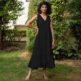 Black Cotton Poplin A-Line Deep Neck Sleeveless Maxi Dress