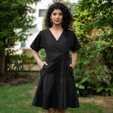 Black Cotton Poplin Drop Shoulder Sleeves Knee Length Wrap Dress