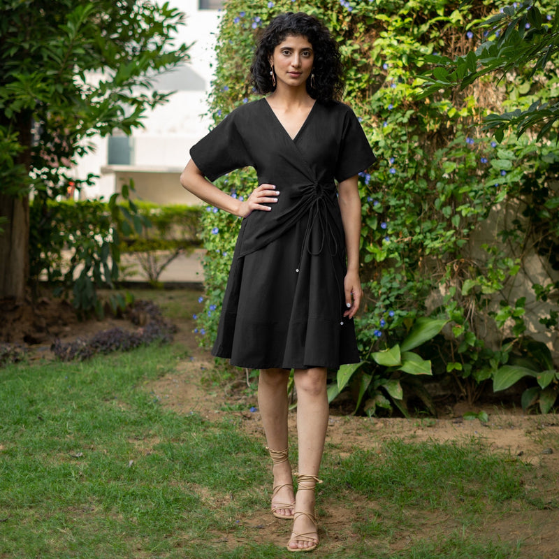 Black Cotton Poplin Drop Shoulder Sleeves Knee Length Wrap Dress 44