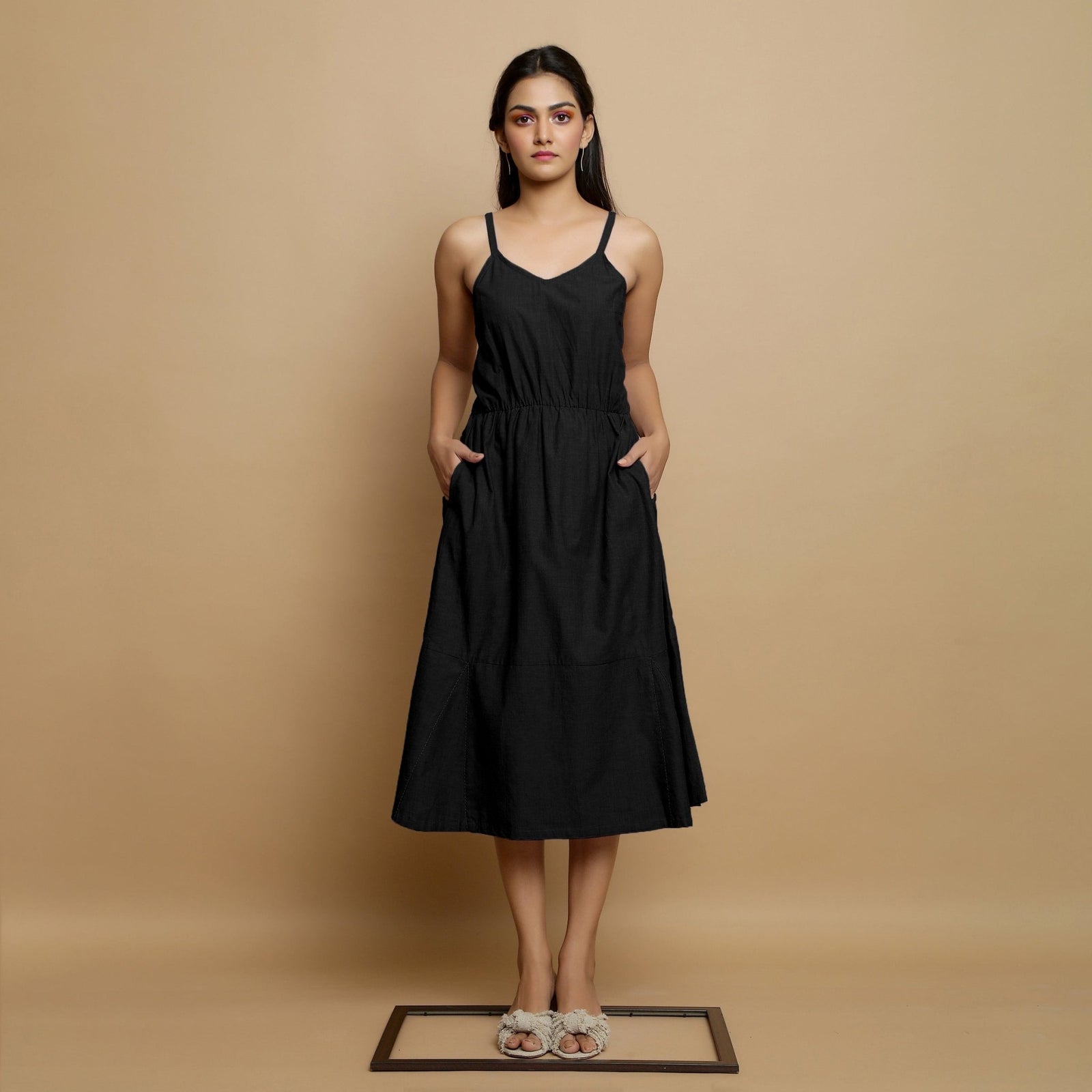 Black Cotton Poplin Elasticated Midi Cami Dress 56" / Custom Height (Free) Black Cotton Poplin Elasticated Midi Cami Dress 56" / Custom Height (Free)
