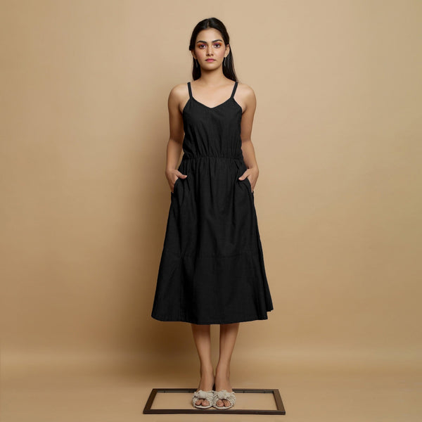 Black Cotton Poplin Elasticated Midi Cami Dress