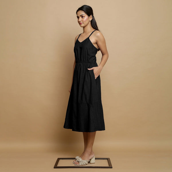 Black Cotton Poplin Elasticated Midi Cami Dress
