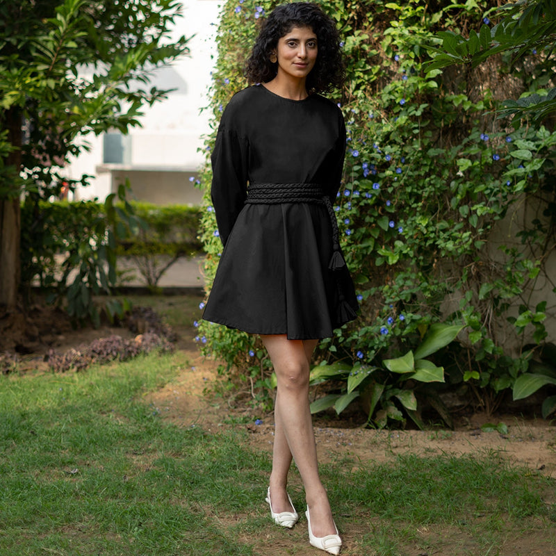 Black Cotton Poplin Fit and Flare Balloon Sleeves Short Dress