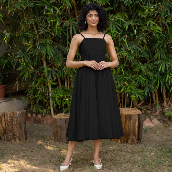 Black Cotton Poplin Fit and Flare Midi Empire Dress