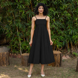 Black Cotton Poplin Fit and Flare Midi Empire Dress