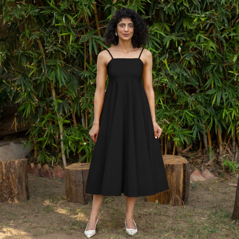 Black Cotton Poplin Fit and Flare Midi Empire Dress
