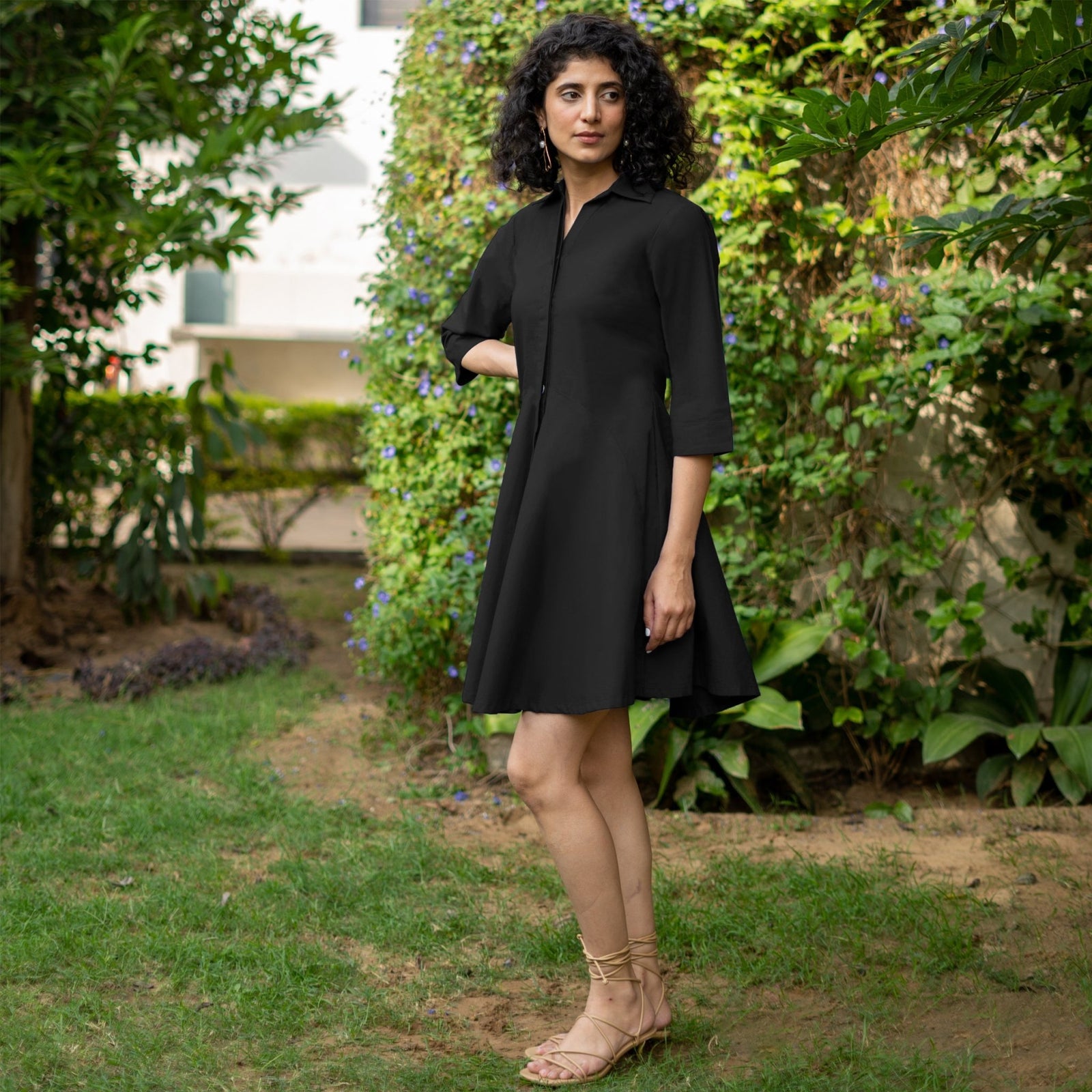 Black Cotton Poplin Fit and Flare Short Button-Down Shirt Dress 42" / Tall (5'7" and above) Black Cotton Poplin Fit and Flare Short Button-Down Shirt Dress 42" / Tall (5'7" and above)