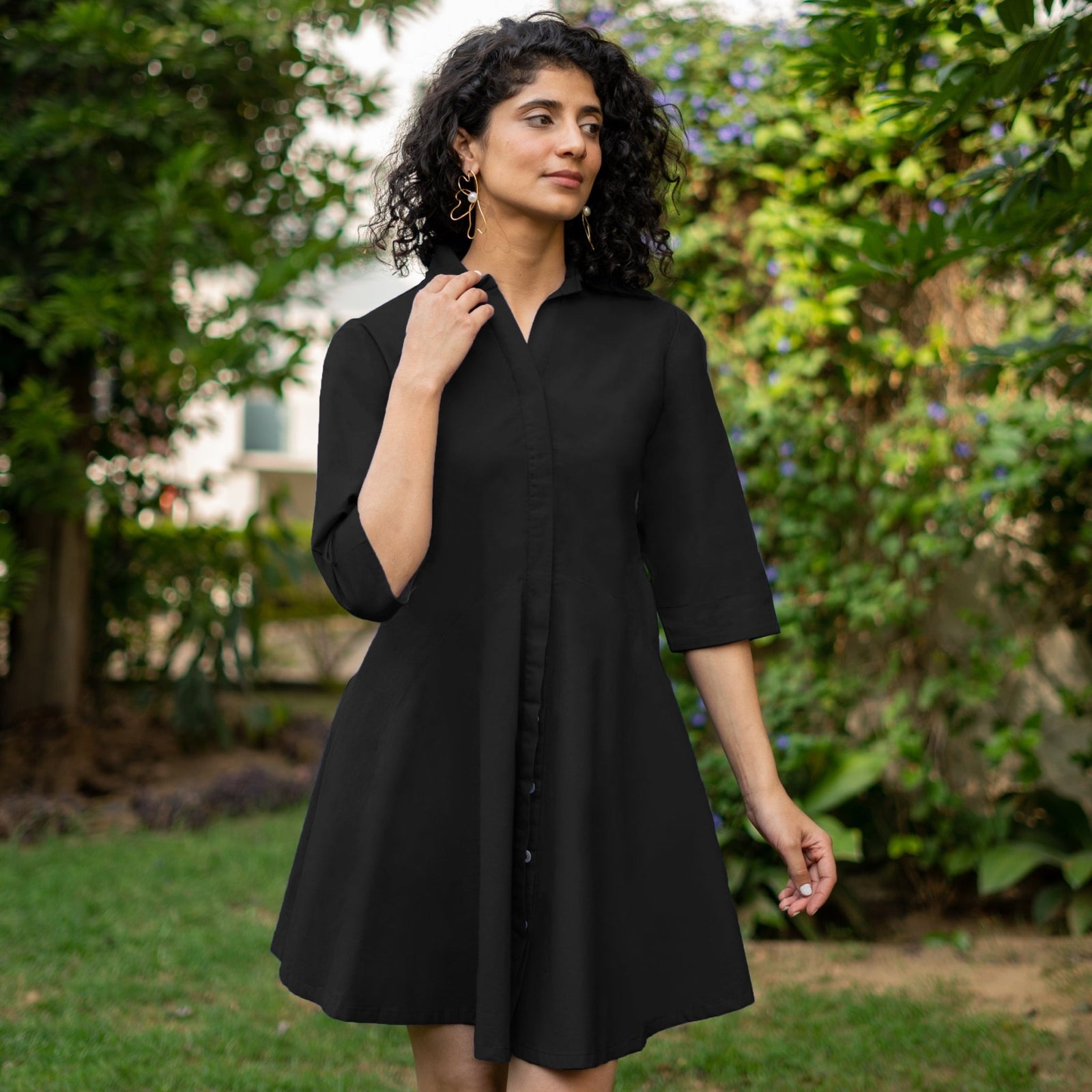 Buy Black Cotton Poplin Fit and Flare Short Button-Down Shirt Dress Online  at SeamsFriendly