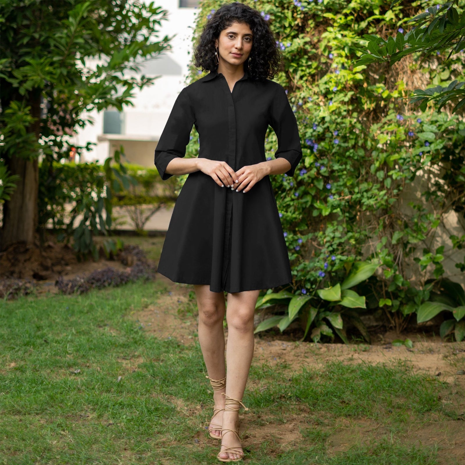 Black Cotton Poplin Fit and Flare Short Button-Down Shirt Dress 42" / Tall (5'7" and above) Black Cotton Poplin Fit and Flare Short Button-Down Shirt Dress 42" / Tall (5'7" and above)