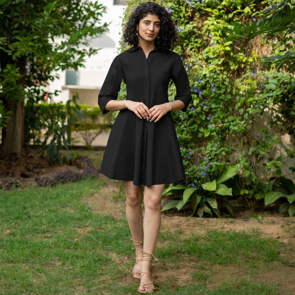 Black Cotton Poplin Fit and Flare Short Button-Down Shirt Dress