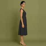Black Cotton Poplin Fit and Flare Sleeveless Midi Dress