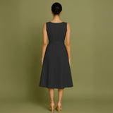 Black Cotton Poplin Fit and Flare Sleeveless Midi Dress