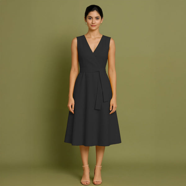 Black Cotton Poplin Fit and Flare Sleeveless Midi Dress