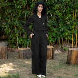 Black Cotton Poplin High-Rise Elasticated Pleated Wide Legged Pant