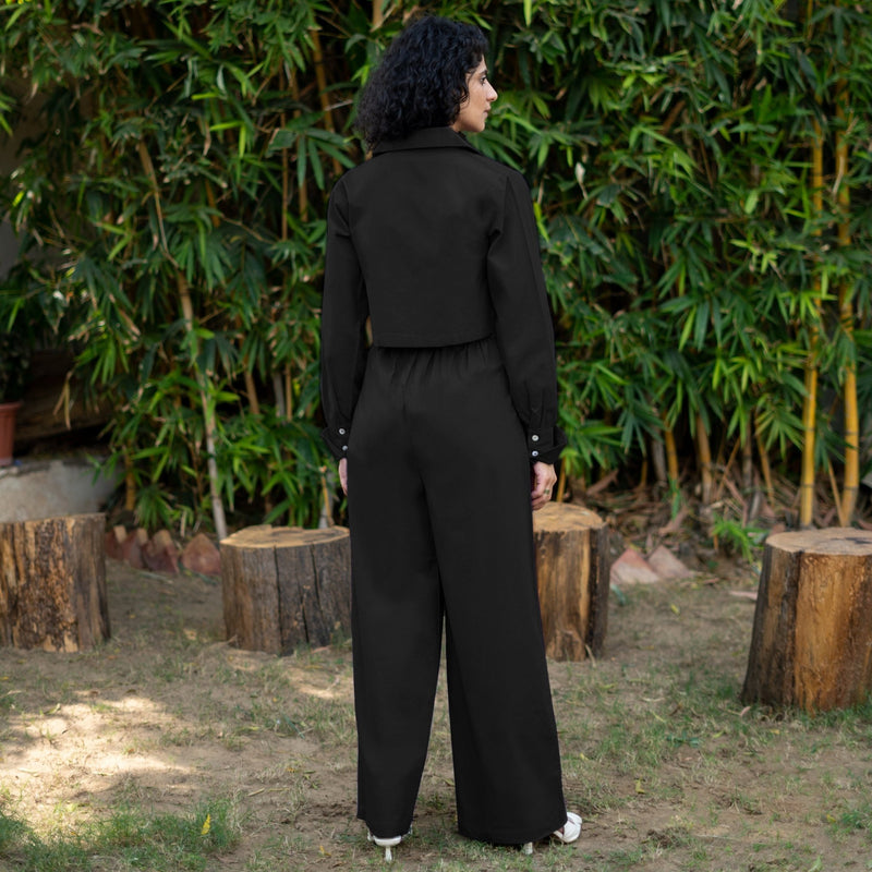 Black Cotton Poplin High-Rise Elasticated Pleated Wide Legged Pant