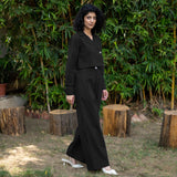 Black Cotton Poplin High-Rise Elasticated Pleated Wide Legged Pant