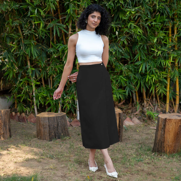 Black Cotton Poplin High-Rise Midi Wrap Skirt