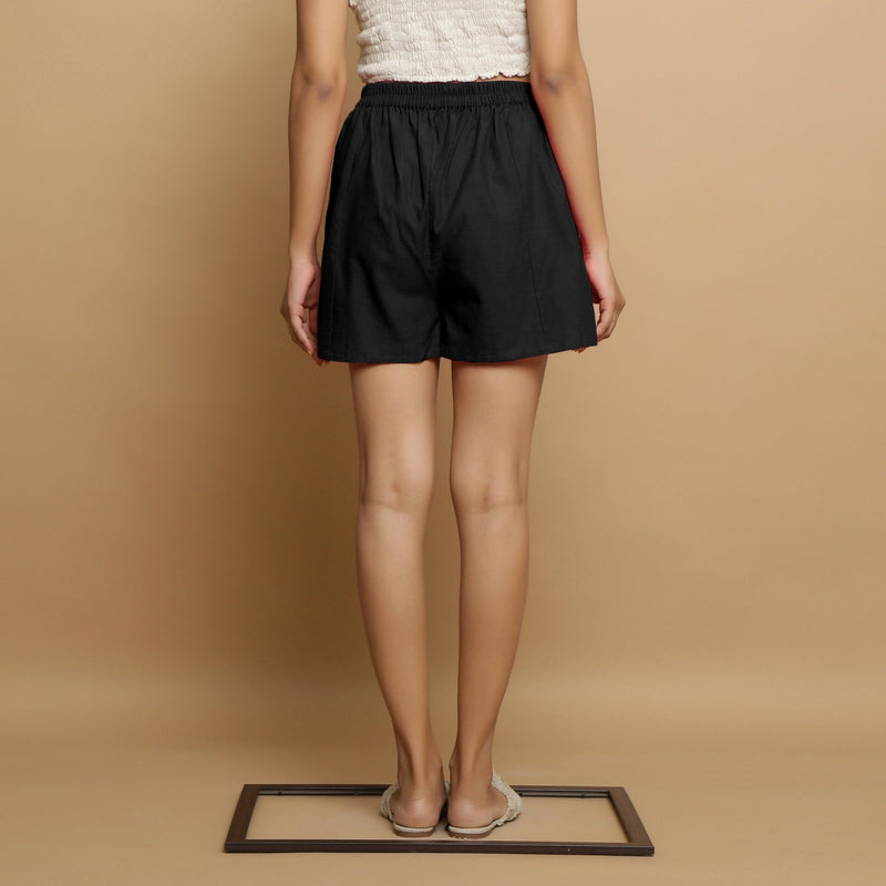 Black Cotton Poplin Mid-Rise Shorts