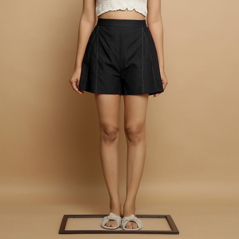 Black Cotton Poplin Mid-Rise Shorts