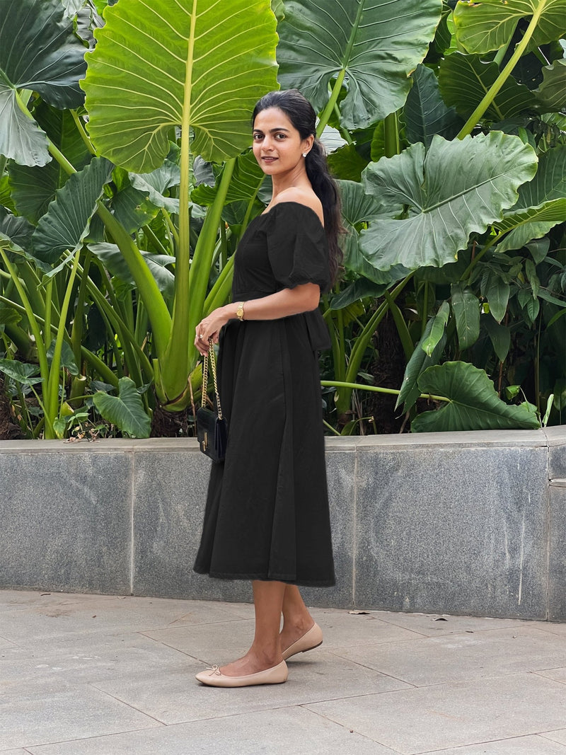 Black Cotton Poplin Midi Off-Shoulder Dress