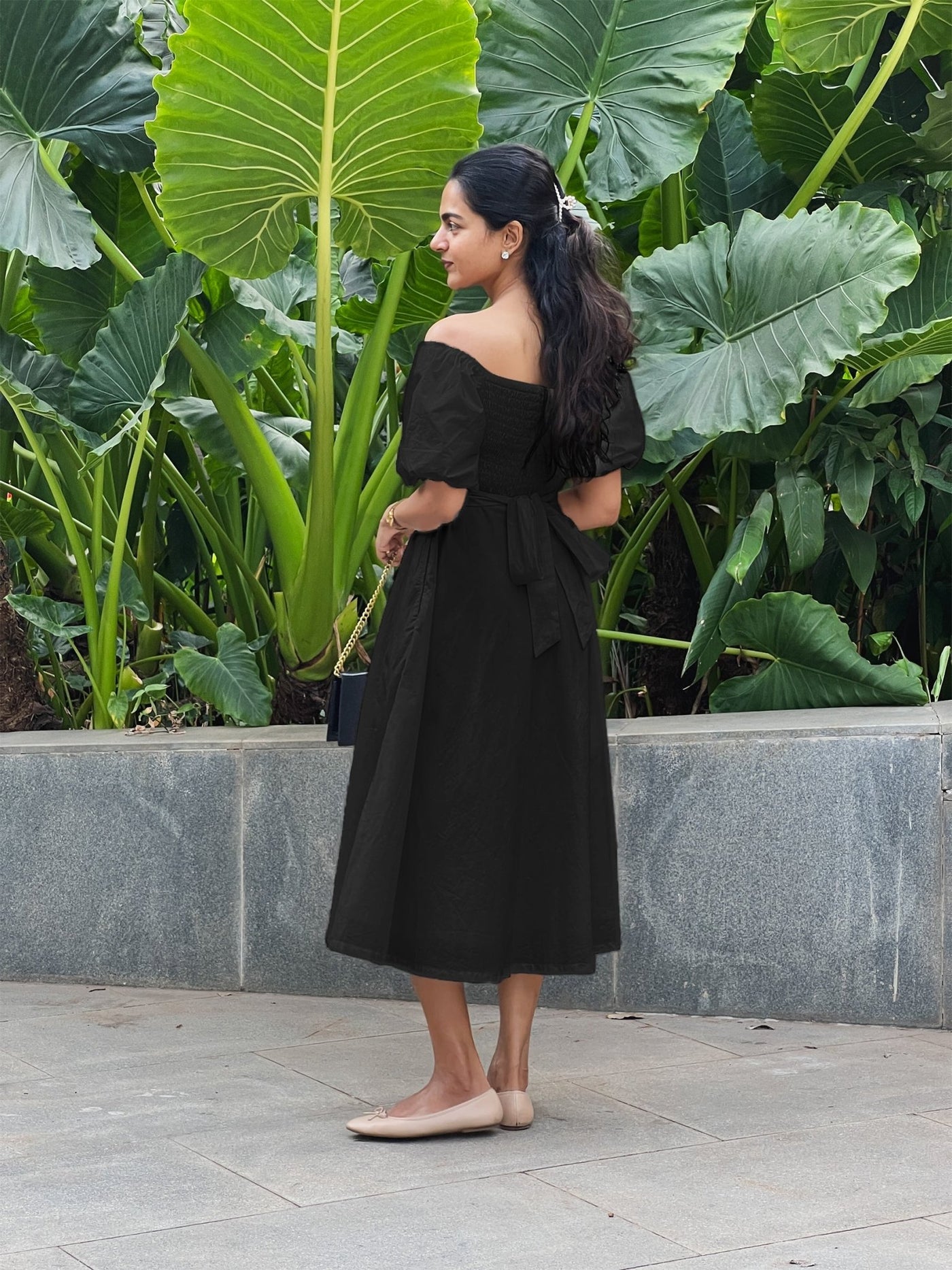 off the shoulder black dress casual Black Cotton Poplin Midi Off-Shoulder Dress 64