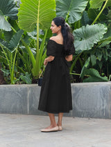 Black Cotton Poplin Midi Off-Shoulder Dress