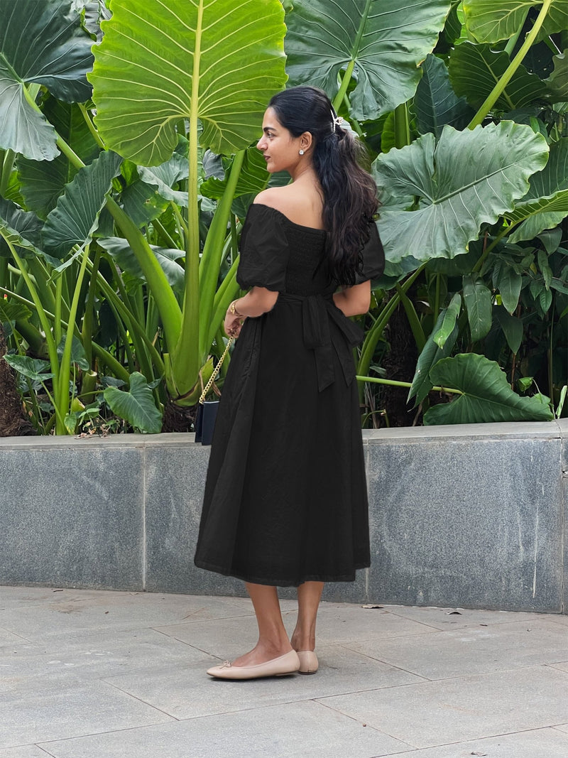 Black Cotton Poplin Midi Off-Shoulder Dress