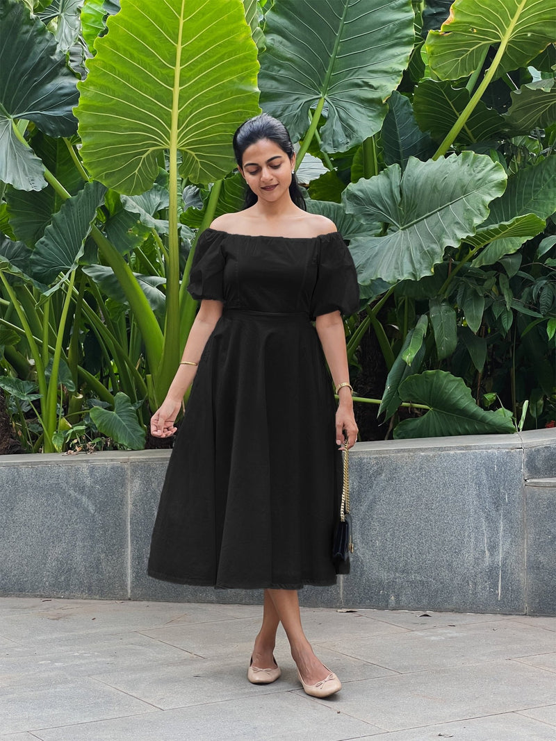 Black Cotton Poplin Midi Off-Shoulder Dress 64