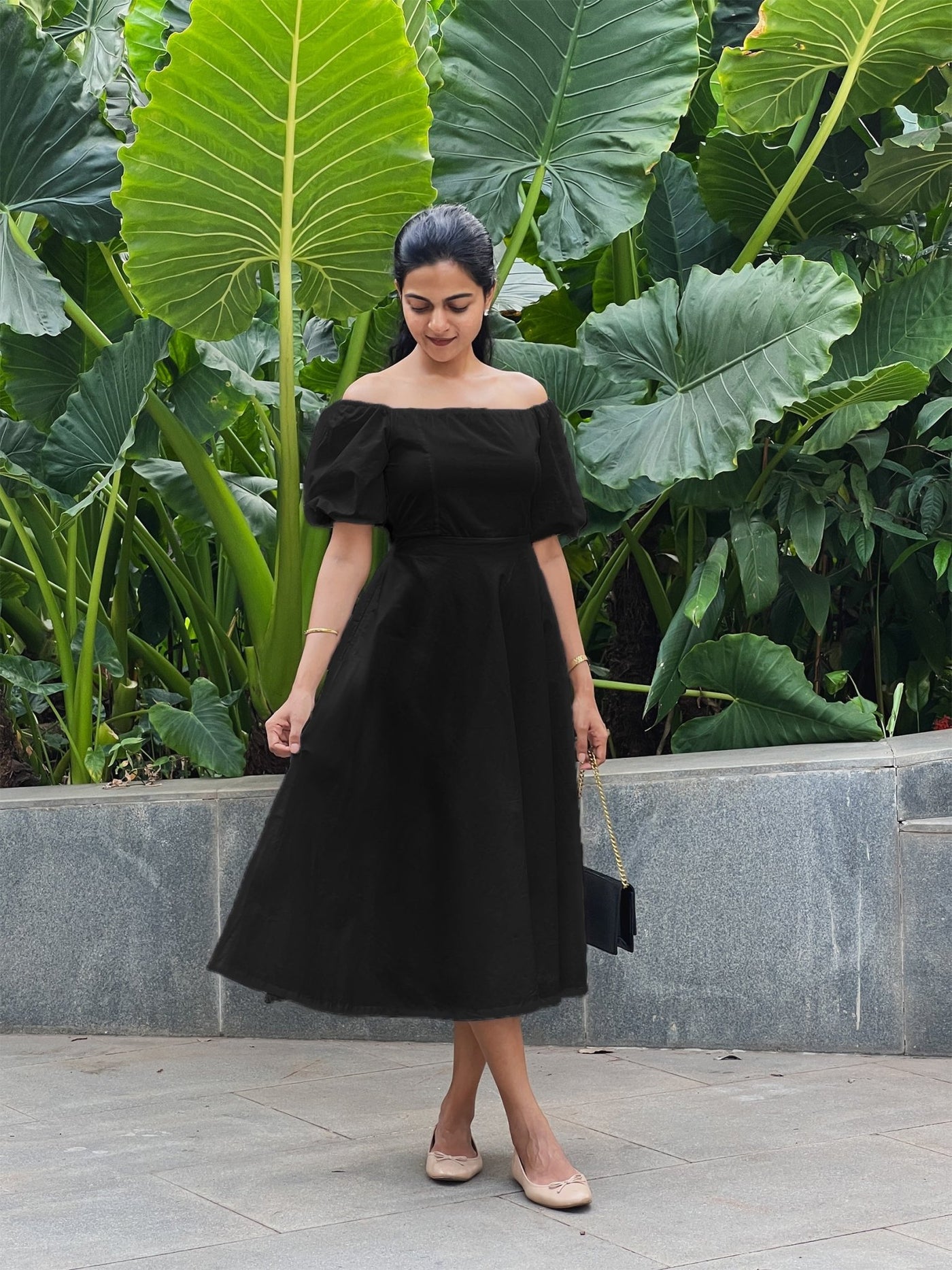 Black Cotton Poplin Midi Off-Shoulder Dress 64" / Petite (5'1" and below)