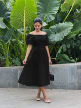 Black Cotton Poplin Midi Off-Shoulder Dress