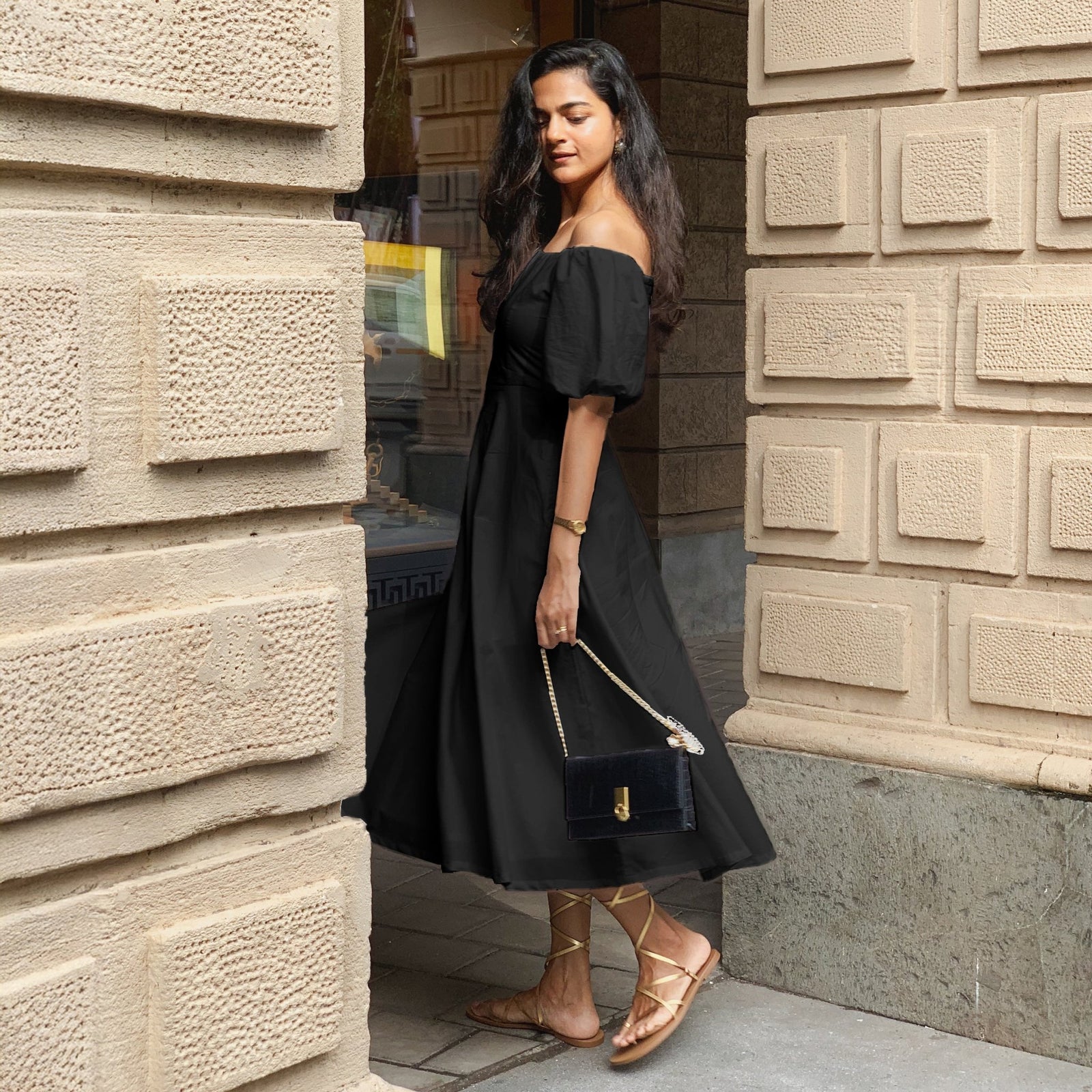 Black Cotton Poplin Midi Off-Shoulder Dress 40