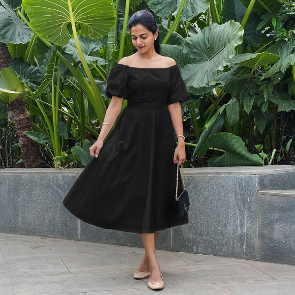Black Cotton Poplin Midi Off-Shoulder Dress