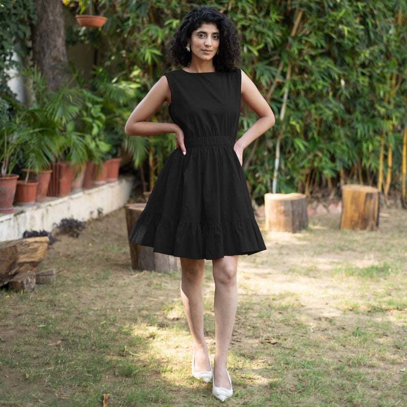 Black Cotton Poplin Sleeveless Gathered Short Dress