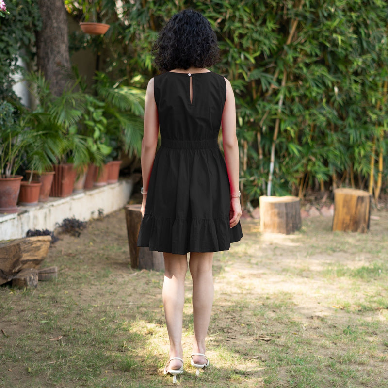 Black Cotton Poplin Sleeveless Gathered Short Dress