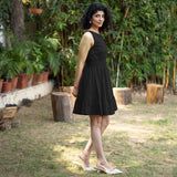 Black Cotton Poplin Sleeveless Gathered Short Dress
