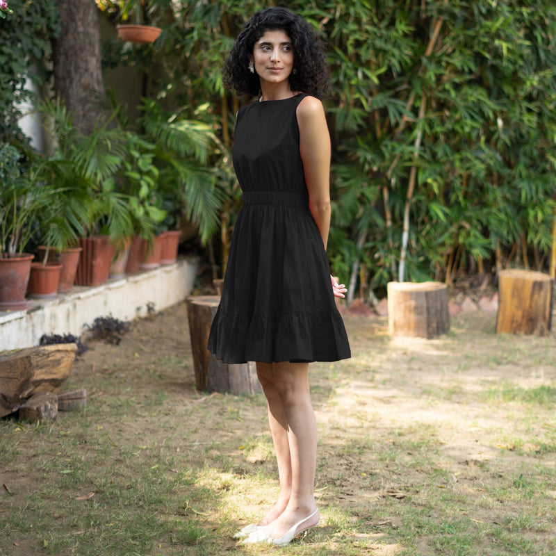 Black Cotton Poplin Sleeveless Gathered Short Dress