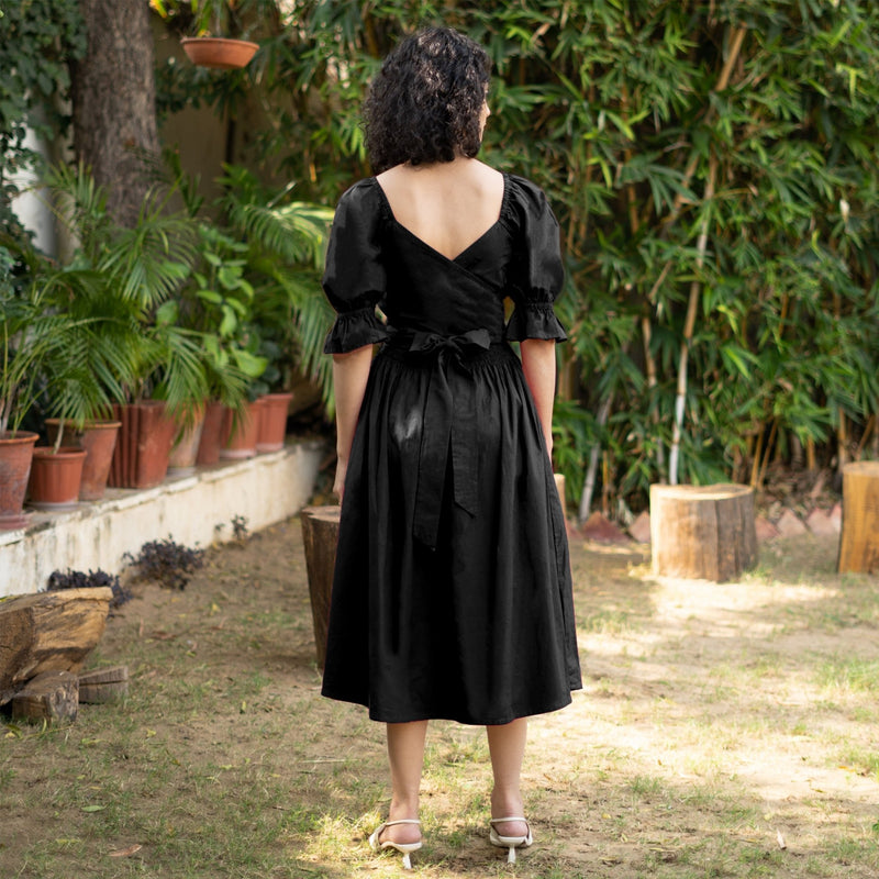 Black Cotton Poplin V-Neck Gathered Midi Wrap Dress