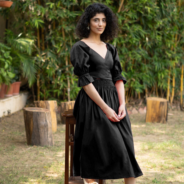 Black Cotton Poplin V-Neck Gathered Midi Wrap Dress