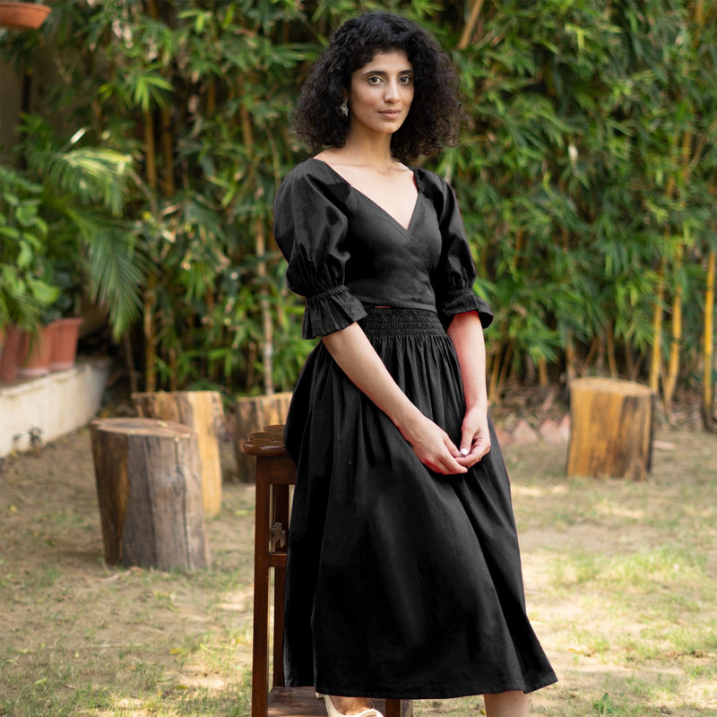 Black Cotton Poplin V-Neck Gathered Midi Wrap Dress