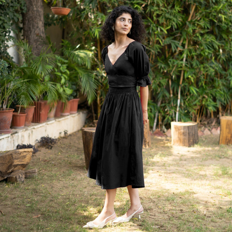 Black Cotton Poplin V-Neck Gathered Midi Wrap Dress