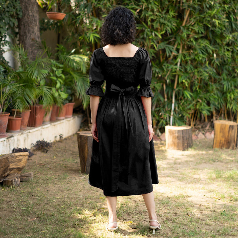 Black Cotton Poplin V-Neck Gathered Midi Wrap Dress