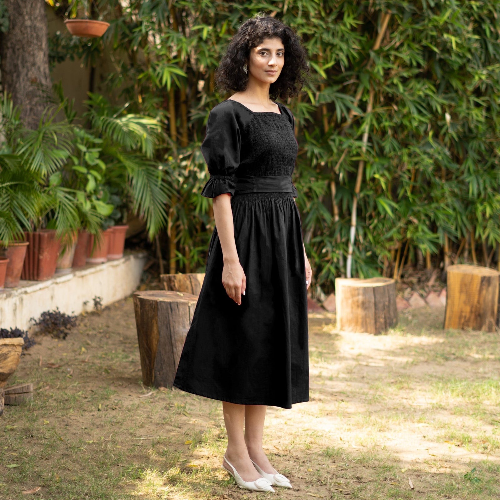 Black Cotton Poplin V-Neck Gathered Midi Wrap Dress 34" / Regular (5'2" - 5'6") Black Cotton Poplin V-Neck Gathered Midi Wrap Dress 34" / Regular (5'2" - 5'6")