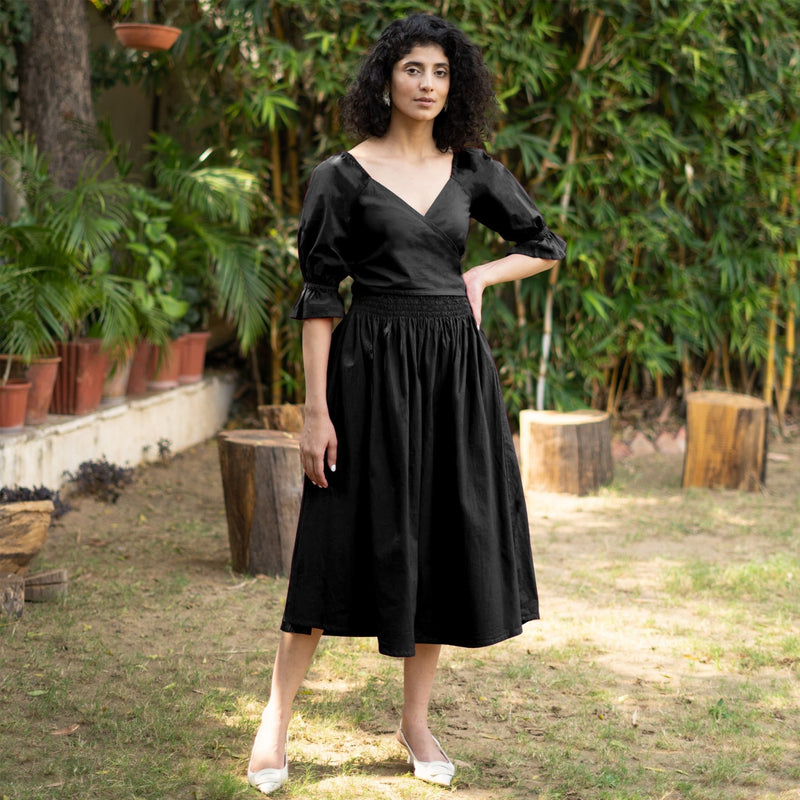 Black Cotton Poplin V-Neck Gathered Midi Wrap Dress 34" / Regular (5'2" - 5'6") Black Cotton Poplin V-Neck Gathered Midi Wrap Dress 34" / Regular (5'2" - 5'6")