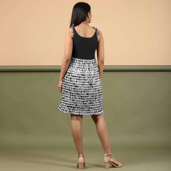 Black Cotton Tie-Dye Gathered Short Dress